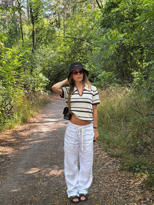 Vague crochet polo shirt- dark blue and white