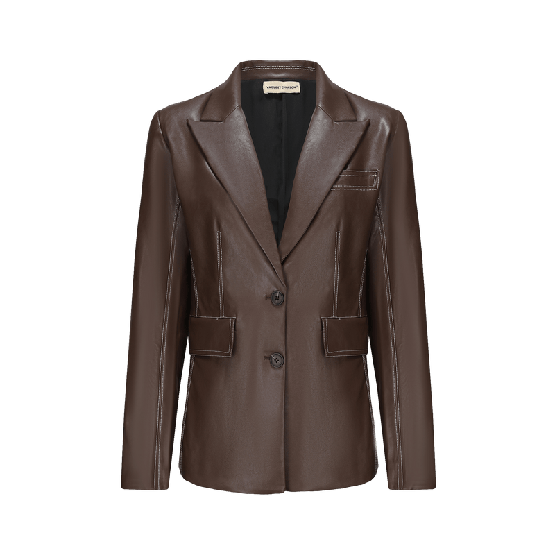 Vague Leather Blazer- Brown