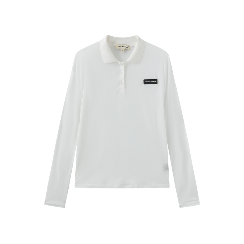 Vague sheer long sleeve polo shirt- White