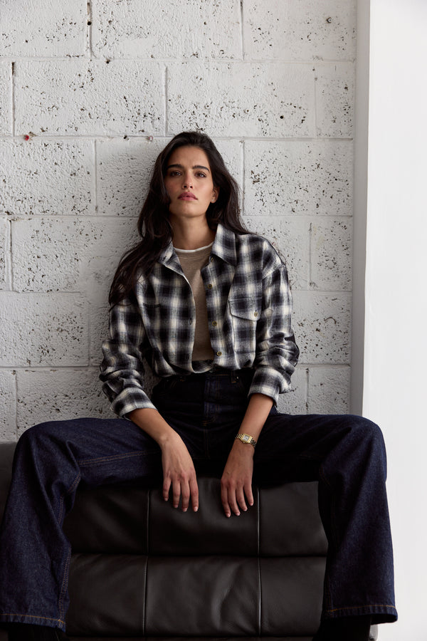 Vague plaid flannel button up shirt- black/grey