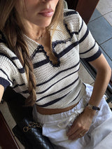 Vague crochet polo shirt- dark blue and white