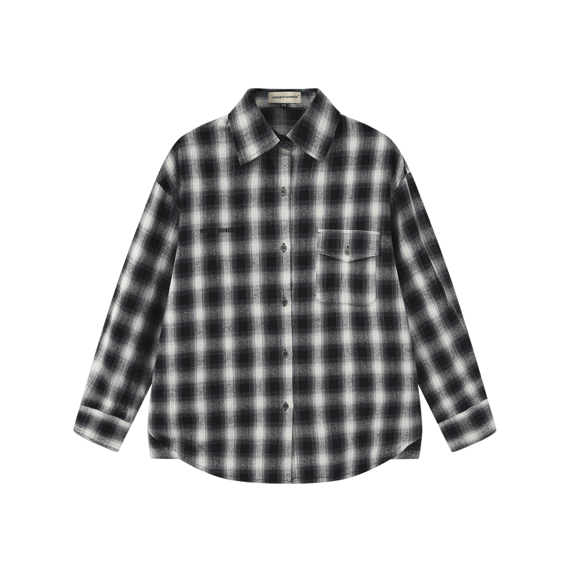 Vague plaid flannel button up shirt- black/grey