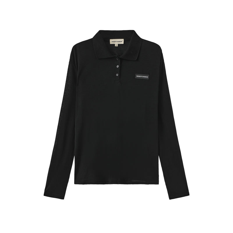 Vague sheer long sleeve polo shirt- Black