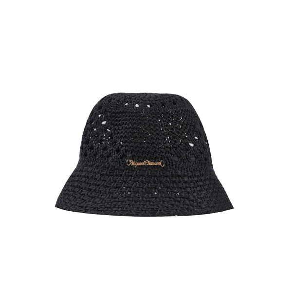 Vague golden logo straw bucket hat - black