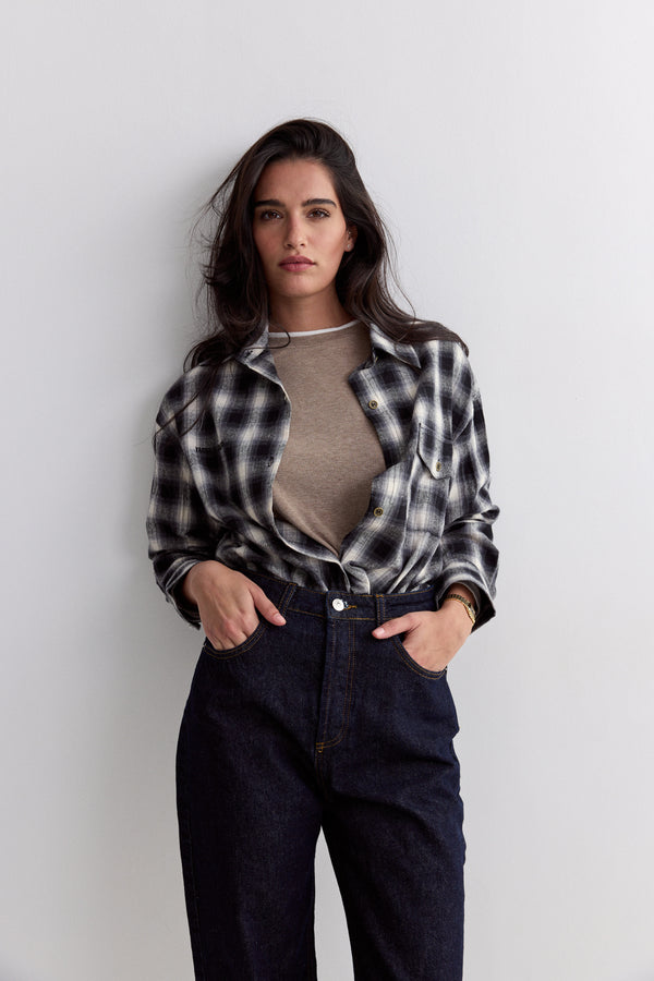 Vague plaid flannel button up shirt- black/grey