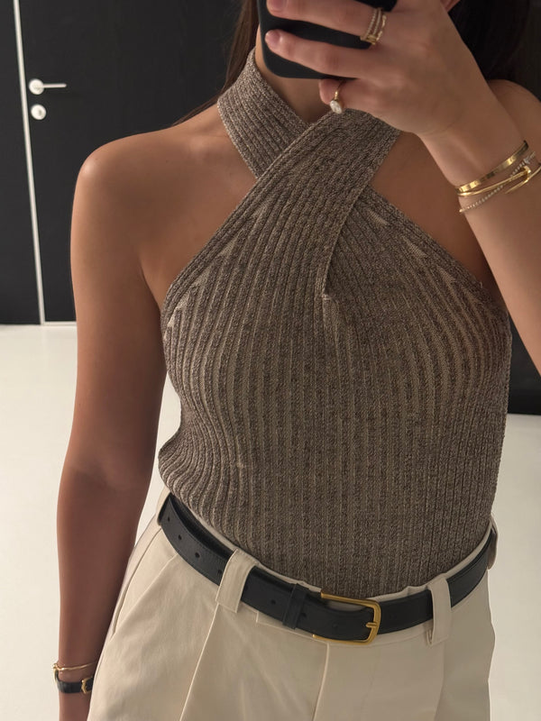 Vague knitted twist tank top- Grey