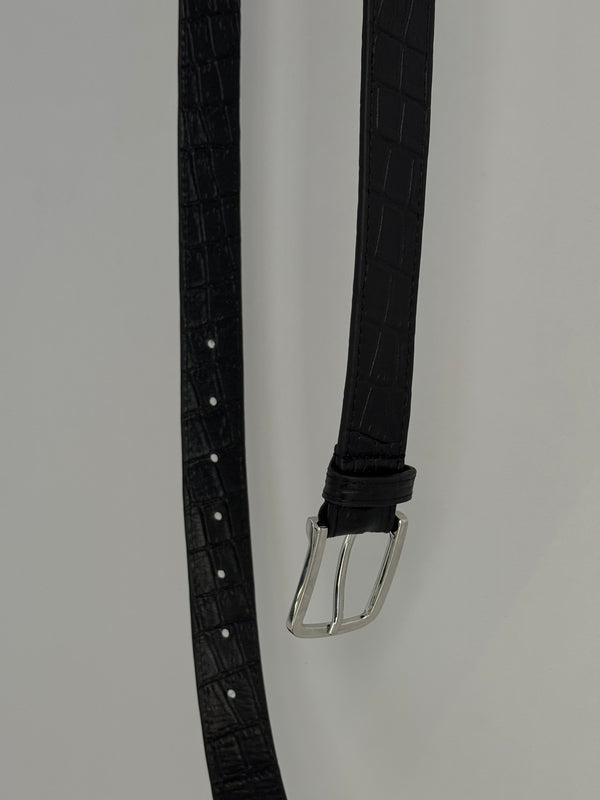 Vague croc Silver Buckle Belt- Black