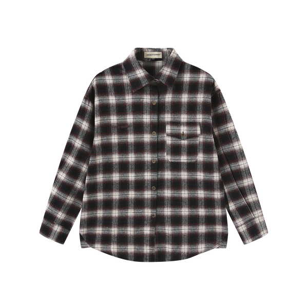 Vague plaid flannel button up shirt- brown/grey