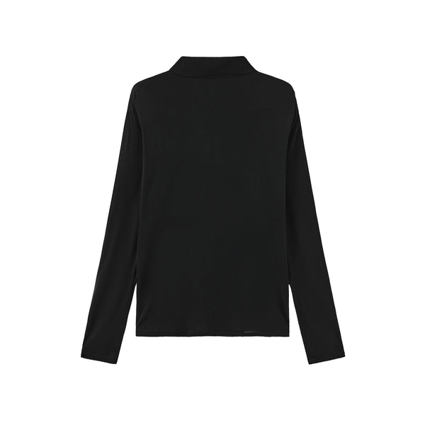 Vague sheer long sleeve polo shirt- Black