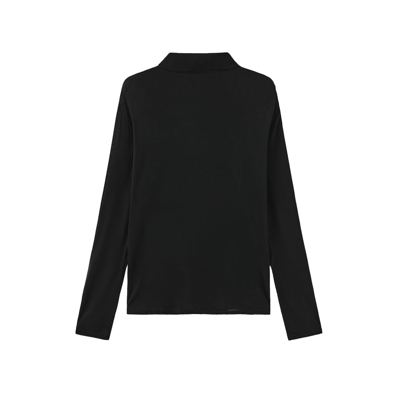 Vague sheer long sleeve polo shirt- Black