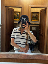Vague crochet polo shirt- dark blue and white