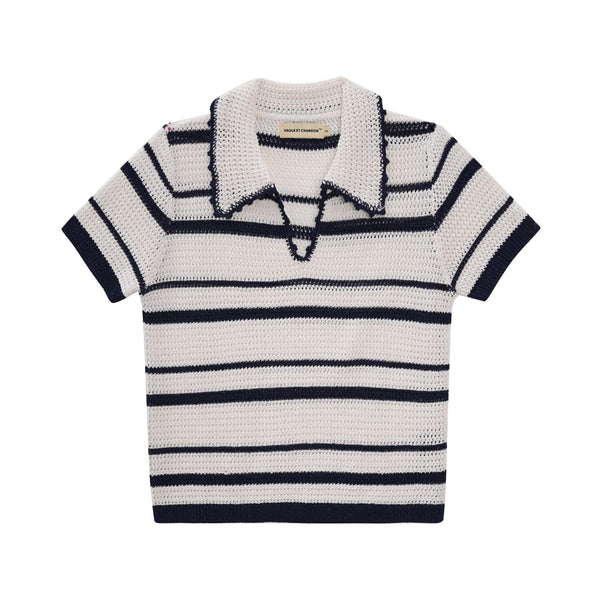 Vague crochet polo shirt- dark blue and white