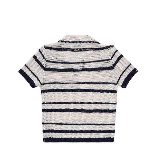 Vague crochet polo shirt- dark blue and white