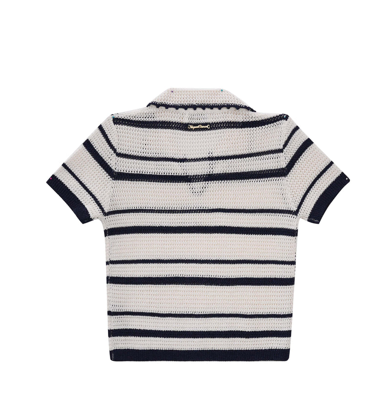 Vague crochet polo shirt- dark blue and white