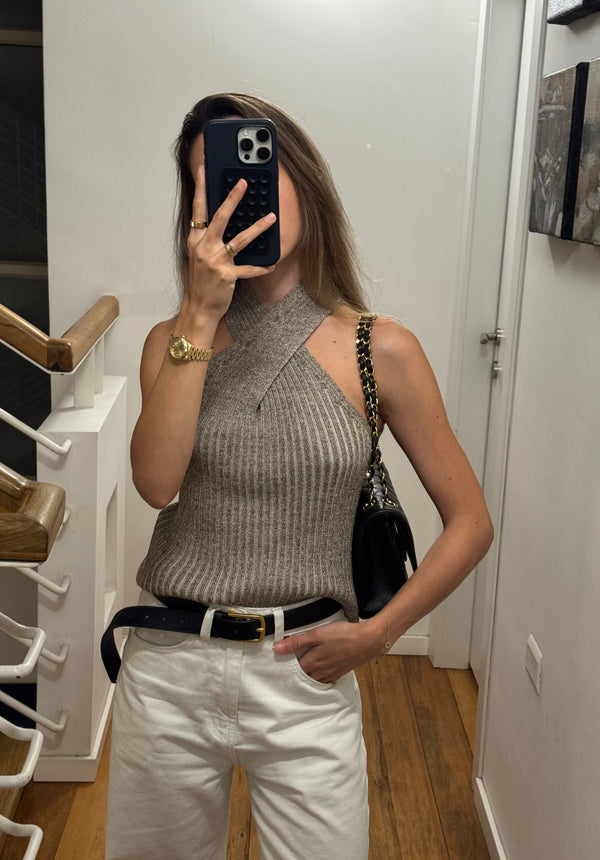 Vague knitted twist tank top- Grey