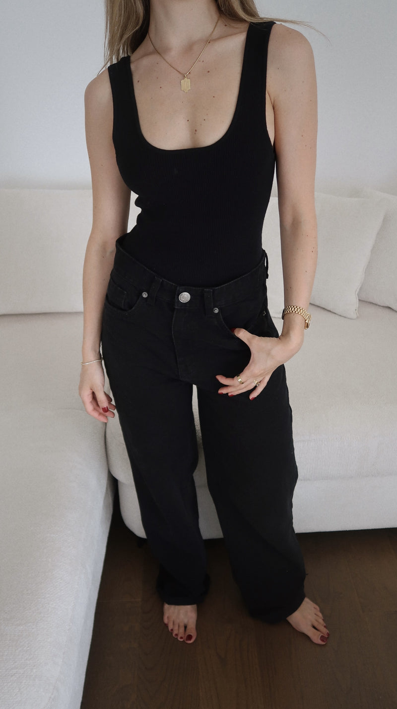 Vague golden logo knit Bodysuit- Black