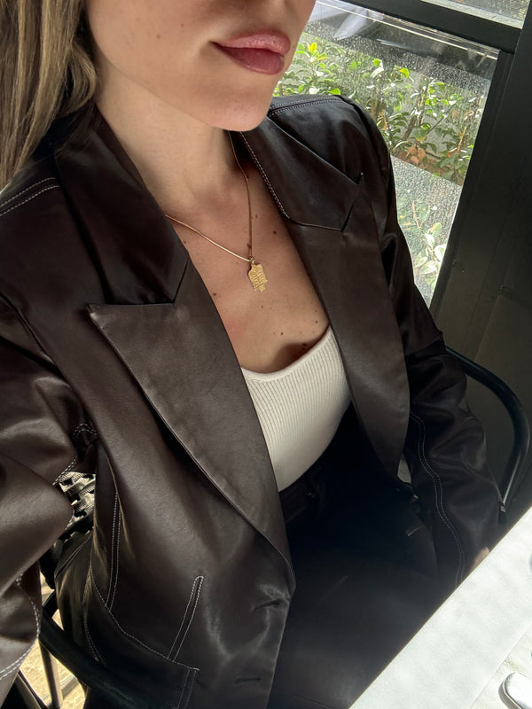 Vague Leather Blazer- Brown