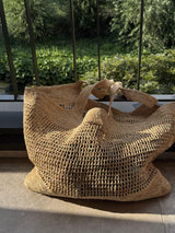 Vague golden logo straw bag - beige