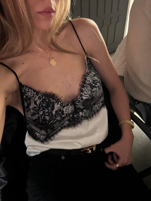 Vague satin lace tank top- Cream