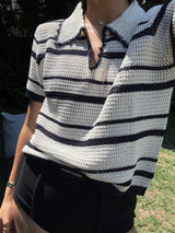 Vague crochet polo shirt- dark blue and white
