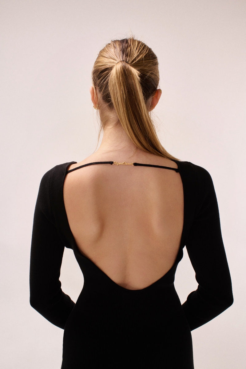 Vague open back knit dress- Black