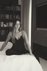 Vague satin lace tank top - Black