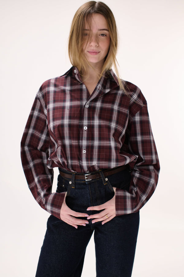 Plaid pattern button up shirt- BORDEAUX