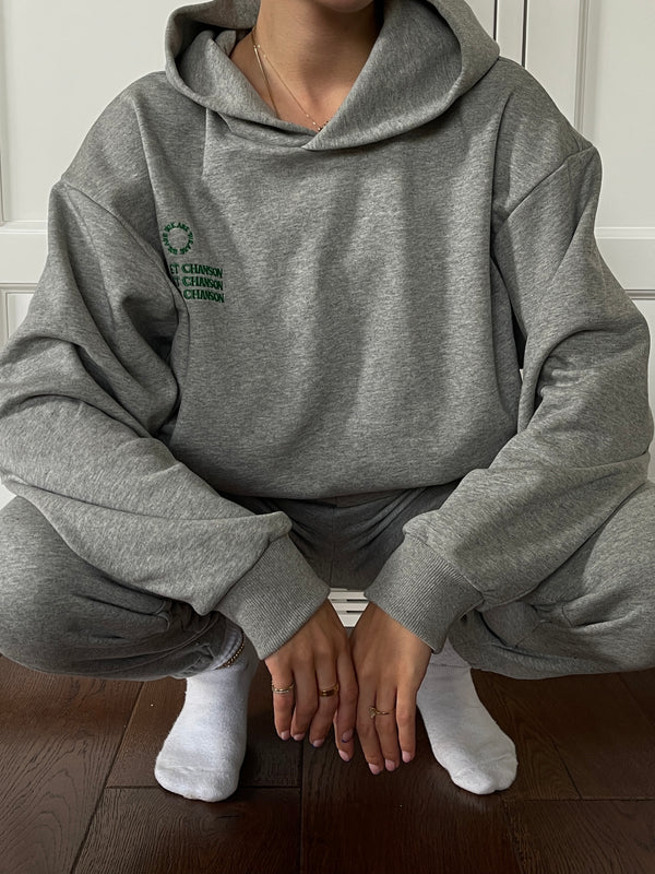 VAGUE GREY HOODIE WITH GREEN EMBROIDERY