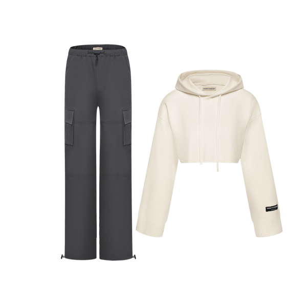 2 IN 1 PACK- nylon cargo pants- Dark grey + Cropped knit hoodie