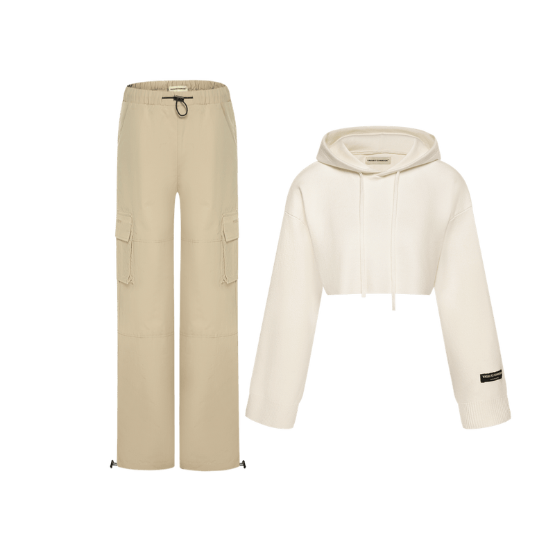 2 IN 1 PACK- nylon cargo pants- beige + Cropped knit hoodie