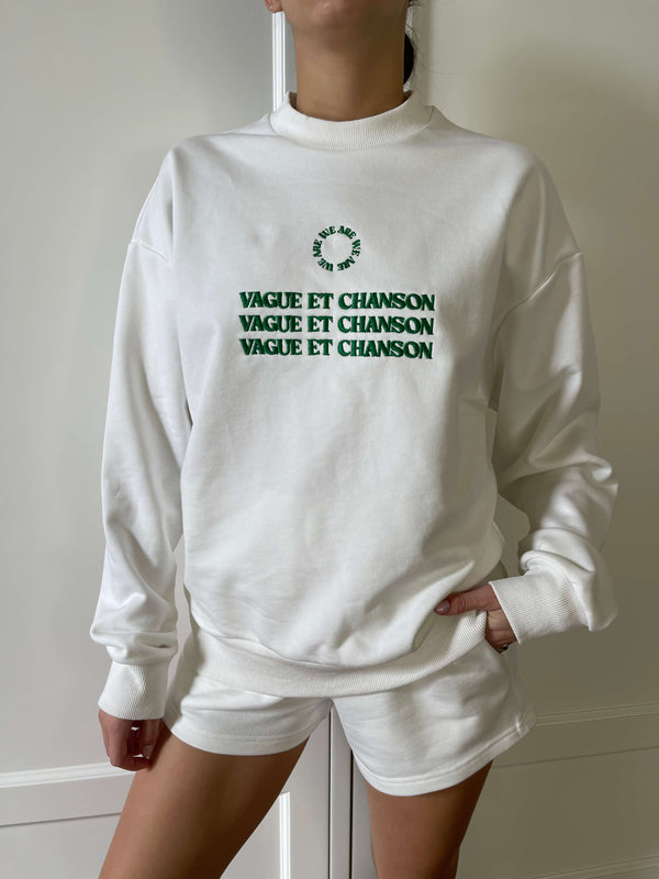 VAGUE WHITE SWEATSHIRT WITH GREEN EMBROIDERY