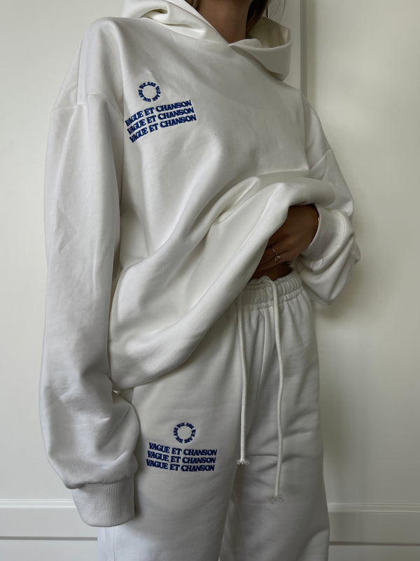 VAGUE WHITE HOODIE WITH BLUE EMBROIDERY