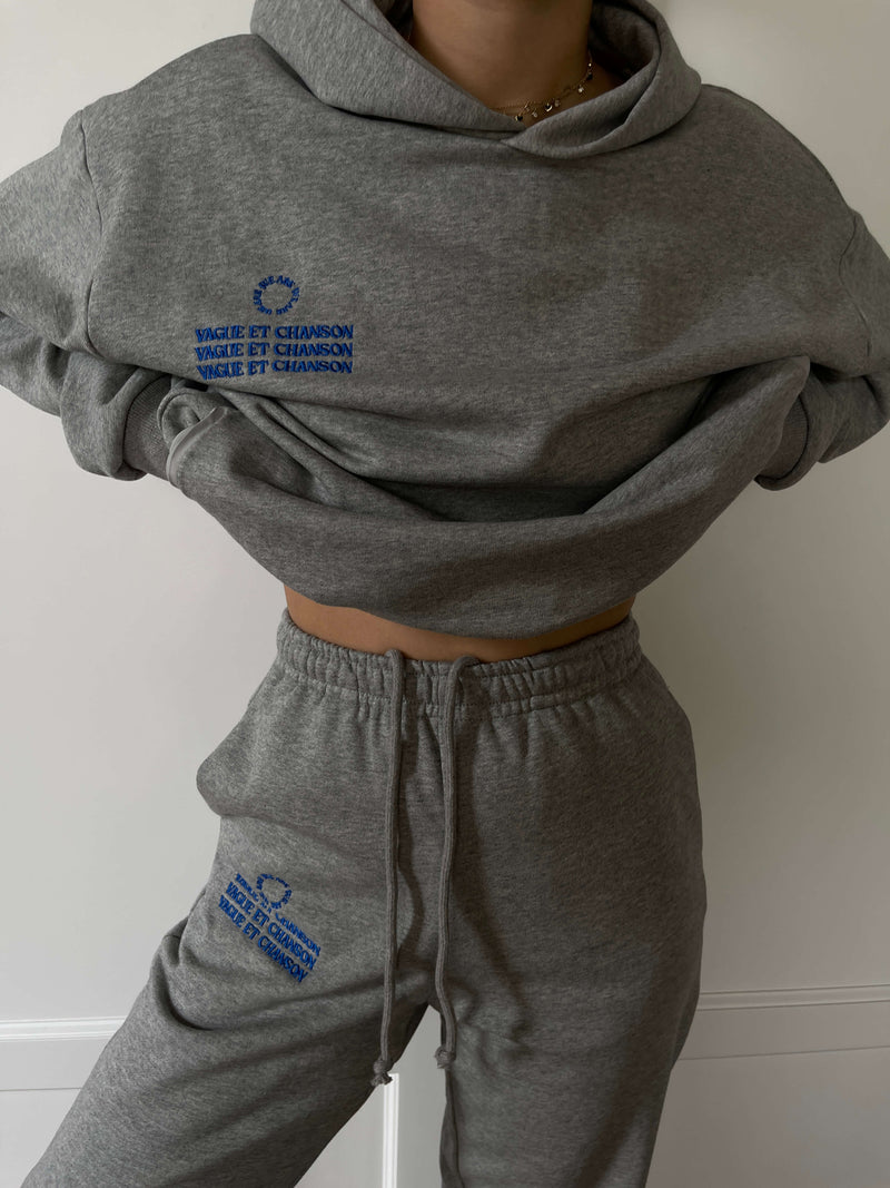 VAGUE GREY HOODIE WITH BLUE EMBROIDERY